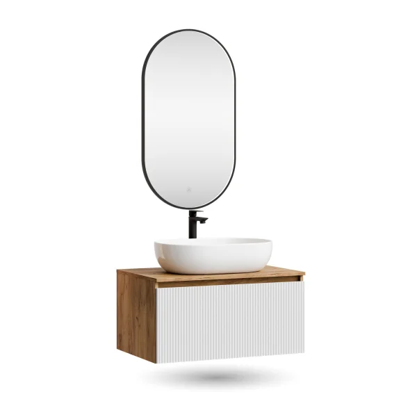 ARISA Bathroom Furniture Set in White Ribbed – With "Glora" LED Mirror and White Ceramic Countertop Sink (60 cm)