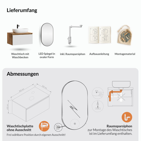 ARISA Badmöbel Set in Weiß Geriffelt – Mit "Glora" LED Spiegel und weißem Keramik-Aufsatzwaschbecken 60 cm