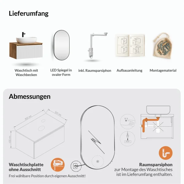 ARISA Bathroom Furniture Set in White Ribbed – With "Glora" LED Mirror and White Ceramic Countertop Sink (60 cm)