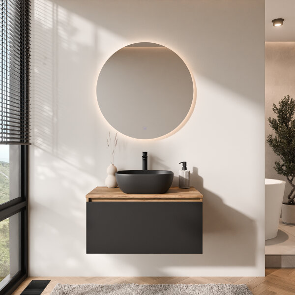 ARISA Badmöbel Set Schwarz – Mit Nova LED Spiegel und schwarzem Keramik-Aufsatzwaschbecken 42 cm