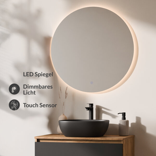 ARISA Badmöbel Set Schwarz – Mit Nova LED Spiegel und schwarzem Keramik-Aufsatzwaschbecken 42 cm