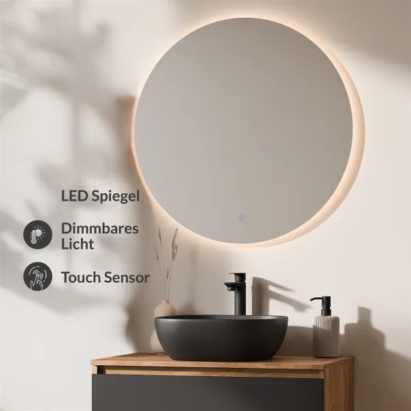 Ensemble de meubles de salle de bains ARISA noir – Avec miroir Nova à LED et vasque à poser en céramique noire de 42 cm
