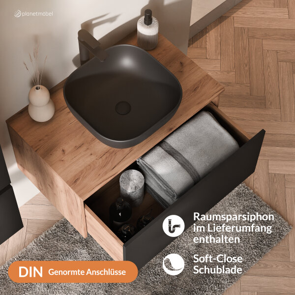 ARISA Badmöbel Set Schwarz – Mit Nova LED Spiegel und schwarzem Keramik-Aufsatzwaschbecken 42 cm