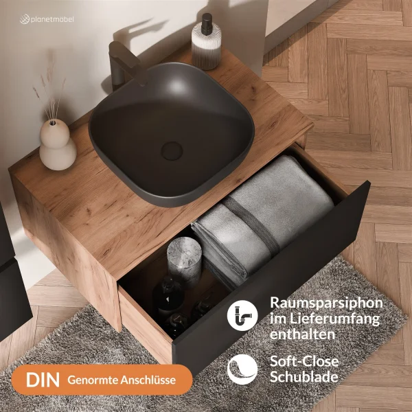 Ensemble de meubles de salle de bains ARISA noir – Avec miroir Nova à LED et vasque à poser en céramique noire de 42 cm
