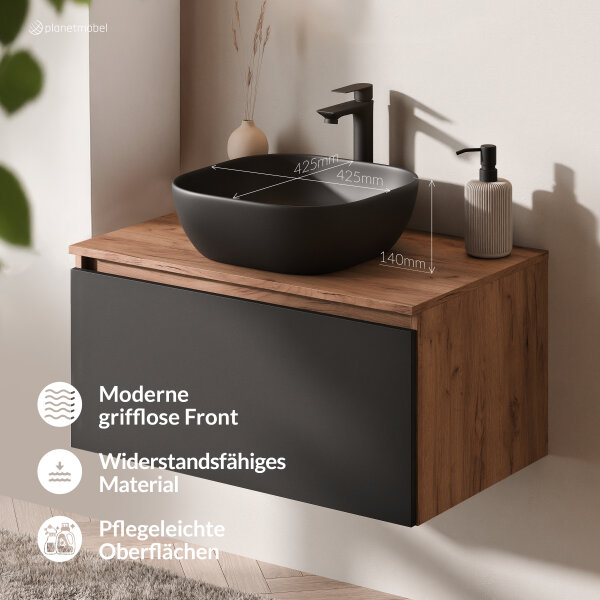 ARISA Badmöbel Set Schwarz – Mit Nova LED Spiegel und schwarzem Keramik-Aufsatzwaschbecken 42 cm