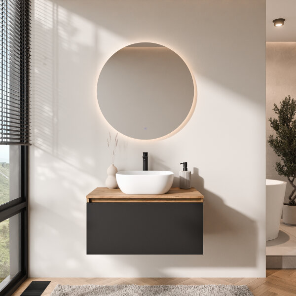 ARISA Badmöbel Set Schwarz – Mit Nova LED Spiegel und weißem Keramik-Aufsatzwaschbecken 42 cm