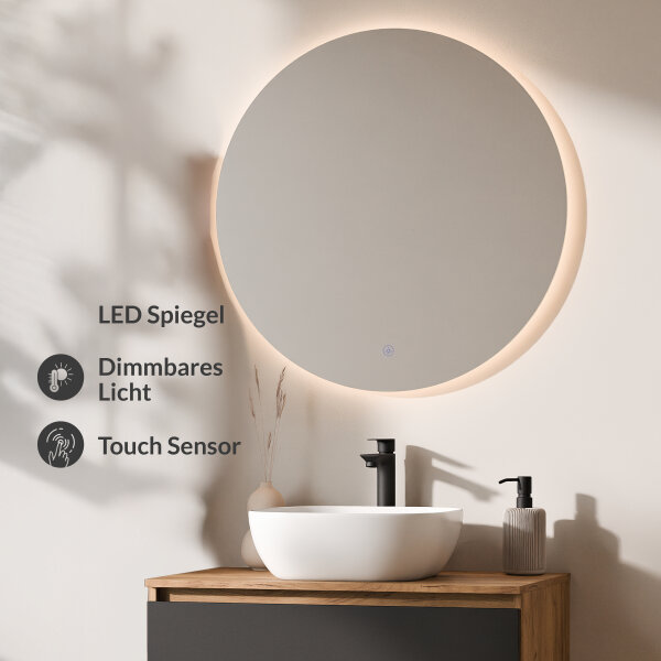 ARISA Badmöbel Set Schwarz – Mit Nova LED Spiegel und weißem Keramik-Aufsatzwaschbecken 42 cm