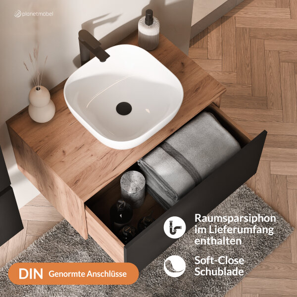 ARISA Badmöbel Set Schwarz – Mit Nova LED Spiegel und weißem Keramik-Aufsatzwaschbecken 42 cm