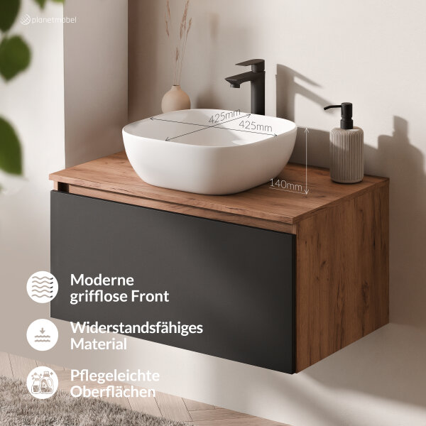 ARISA Badmöbel Set Schwarz – Mit Nova LED Spiegel und weißem Keramik-Aufsatzwaschbecken 42 cm