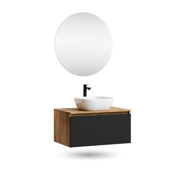 ARISA Badmöbel Set Schwarz – Mit Nova LED Spiegel und weißem Keramik-Aufsatzwaschbecken 42 cm