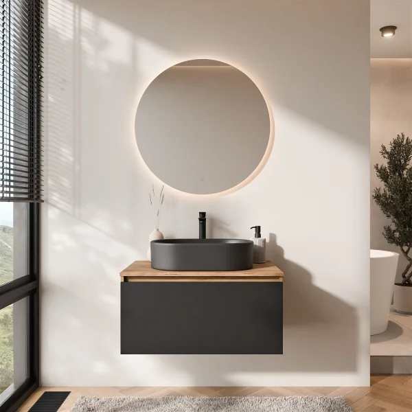 Ensemble de meubles de salle de bains ARISA noir – Avec miroir Nova à LED et vasque à poser en céramique noire de 55 cm
