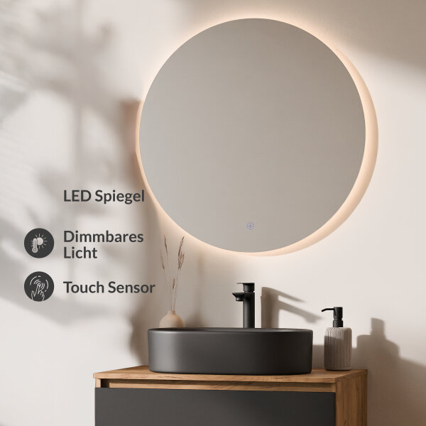 ARISA Badmöbel Set Schwarz – Mit Nova LED Spiegel und schwarzem Keramik-Aufsatzwaschbecken 55 cm