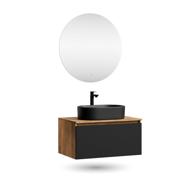 ARISA Badmöbel Set Schwarz – Mit Nova LED Spiegel und schwarzem Keramik-Aufsatzwaschbecken 55 cm