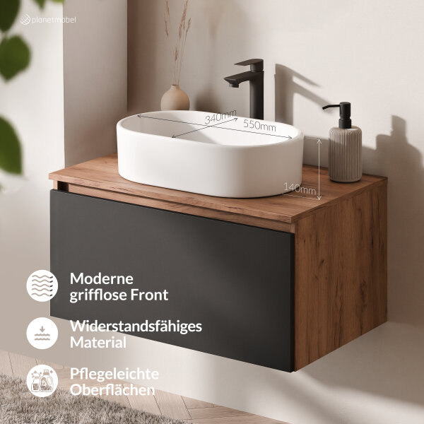 ARISA Badmöbel Set Schwarz – Mit Nova LED Spiegel und weißem Keramik-Aufsatzwaschbecken 55 cm