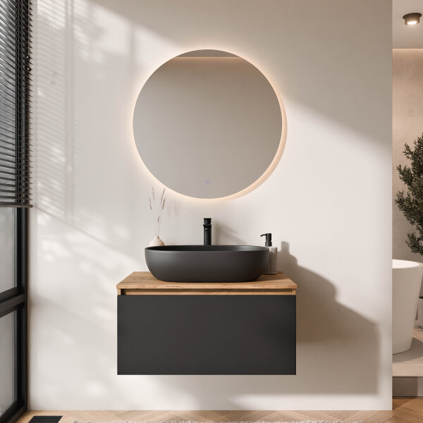 ARISA Badmöbel Set Schwarz – Mit Nova LED Spiegel und weißem Keramik-Aufsatzwaschbecken 60 cm