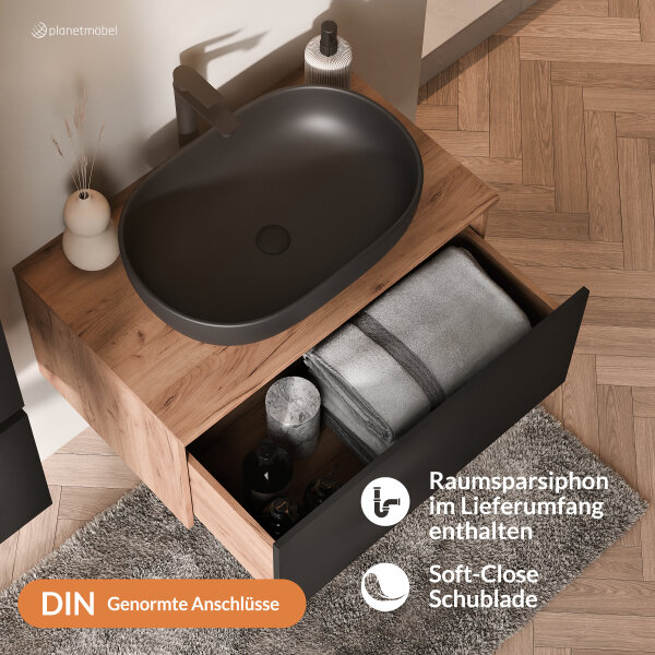 ARISA Badmöbel Set Schwarz – Mit Nova LED Spiegel und weißem Keramik-Aufsatzwaschbecken 60 cm