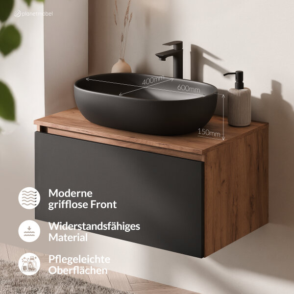 ARISA Badmöbel Set Schwarz – Mit Nova LED Spiegel und weißem Keramik-Aufsatzwaschbecken 60 cm