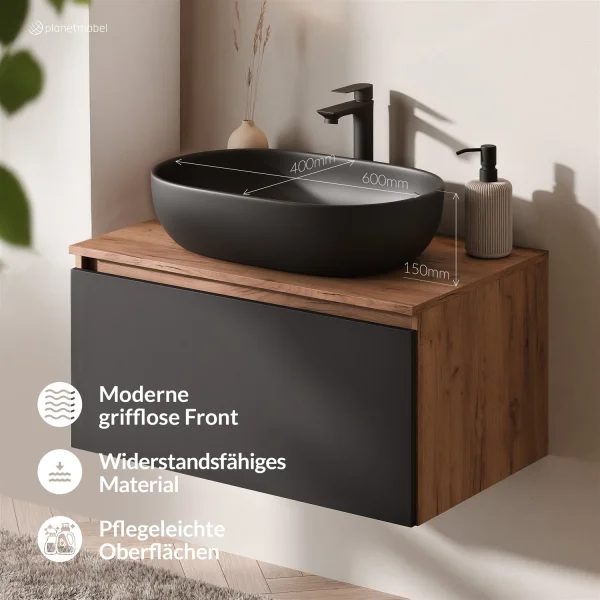 Ensemble de meubles de salle de bains ARISA noir – Avec miroir Nova à LED et lavabo à poser en céramique blanche de 60 cm