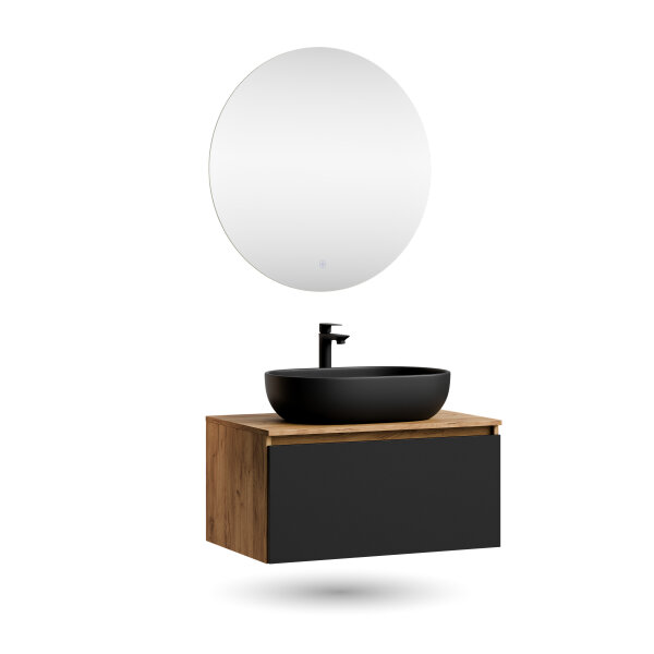 ARISA Badmöbel Set Schwarz – Mit Nova LED Spiegel und weißem Keramik-Aufsatzwaschbecken 60 cm