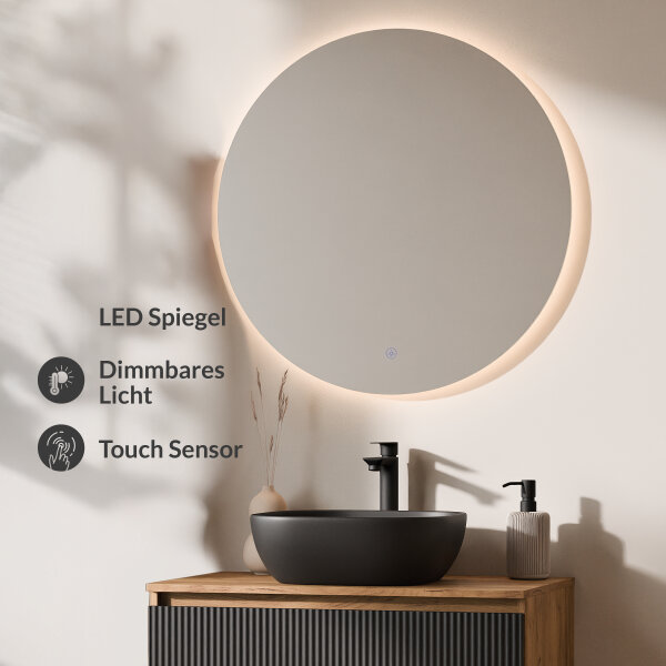 ARISA Badmöbel Set Schwarz Geriffelt – Mit Nova LED Spiegel und schwarzem Keramik-Aufsatzwaschbecken 42 cm