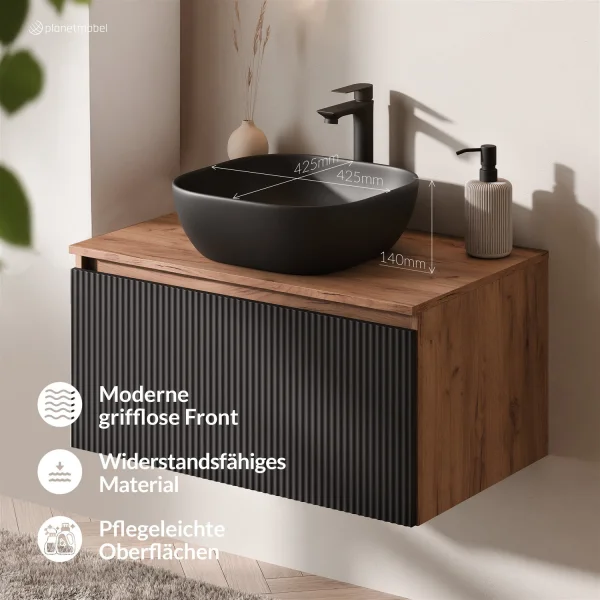 ARISA Bathroom Furniture Set, Black Ribbed – With Nova LED Mirror and Black Ceramic Countertop Sink (42 cm)