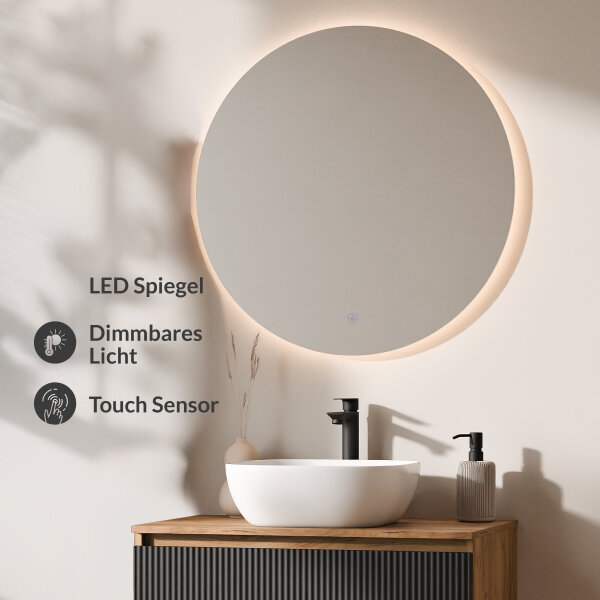 ARISA Badmöbel Set Schwarz Geriffelt – Mit Nova LED Spiegel und weißem Keramik-Aufsatzwaschbecken 42 cm