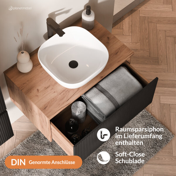 ARISA Badmöbel Set Schwarz Geriffelt – Mit Nova LED Spiegel und weißem Keramik-Aufsatzwaschbecken 42 cm