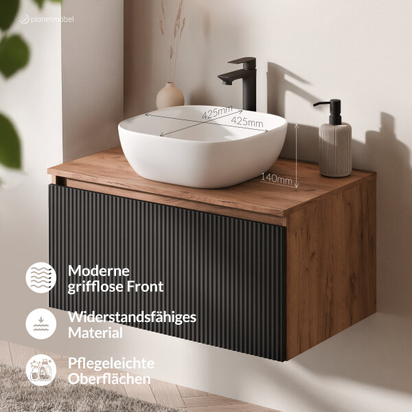 ARISA Badmöbel Set Schwarz Geriffelt – Mit Nova LED Spiegel und weißem Keramik-Aufsatzwaschbecken 42 cm