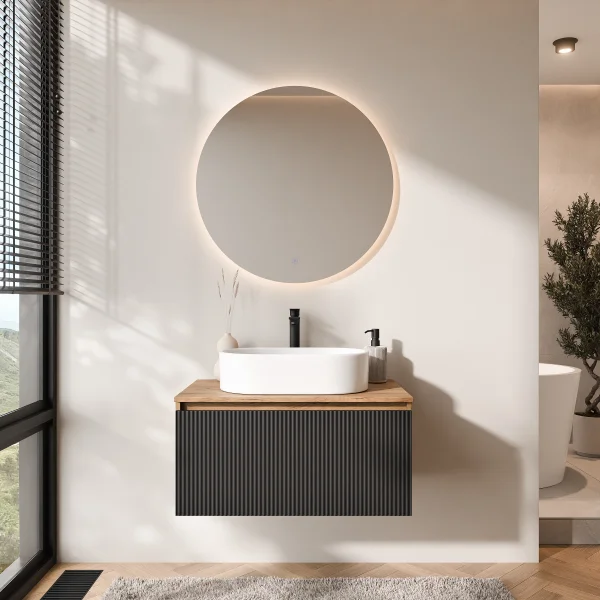 ARISA Bathroom Furniture Set, Black Ribbed – With Nova LED Mirror and White Ceramic Countertop Sink (55 cm)