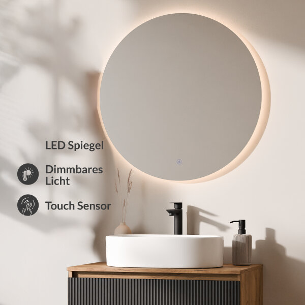 ARISA Badmöbel Set Schwarz Geriffelt – Mit Nova LED Spiegel und weißem Keramik-Aufsatzwaschbecken 55 cm