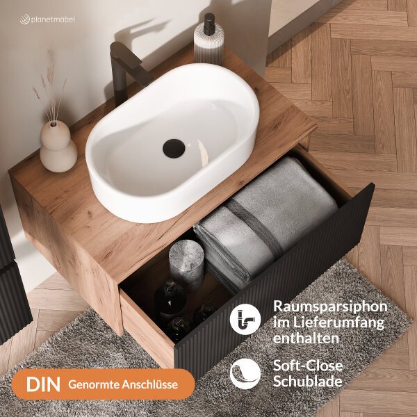 ARISA Badmöbel Set Schwarz Geriffelt – Mit Nova LED Spiegel und weißem Keramik-Aufsatzwaschbecken 55 cm