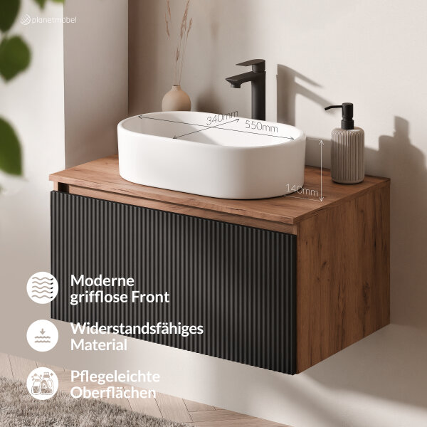 ARISA Badmöbel Set Schwarz Geriffelt – Mit Nova LED Spiegel und weißem Keramik-Aufsatzwaschbecken 55 cm