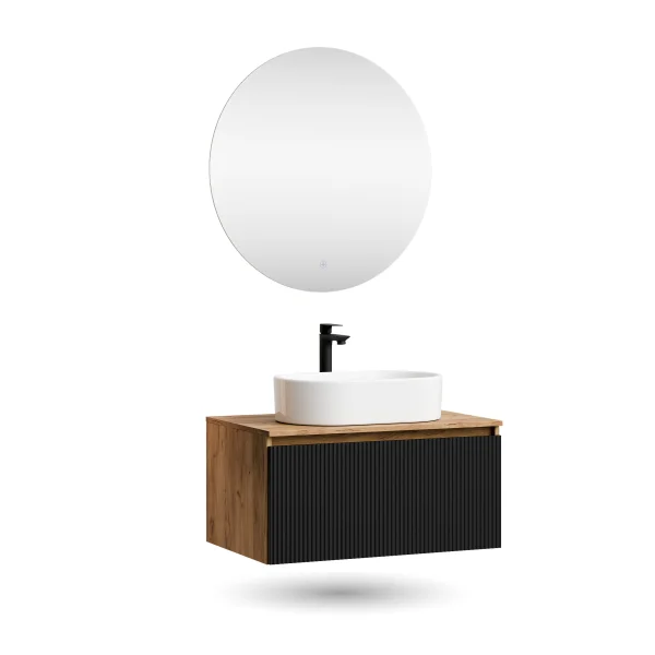 ARISA Bathroom Furniture Set, Black Ribbed – With Nova LED Mirror and White Ceramic Countertop Sink (55 cm)