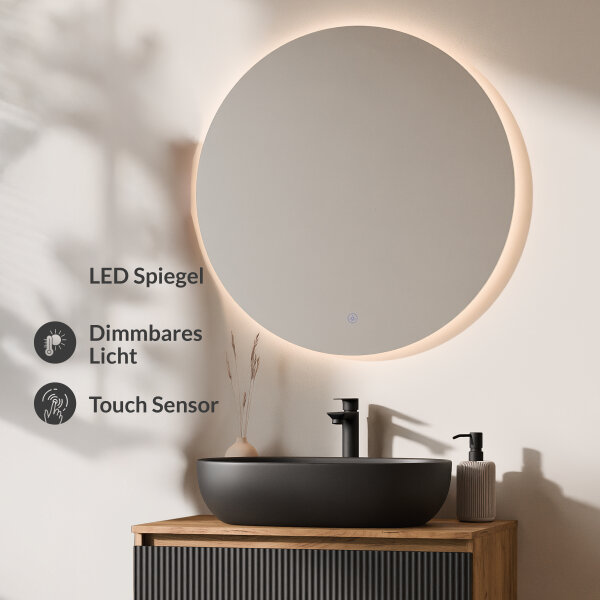 ARISA Badmöbel Set Schwarz Geriffelt – Mit Nova LED Spiegel und schwarzem Keramik-Aufsatzwaschbecken 60 cm