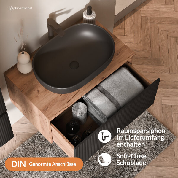 ARISA Badmöbel Set Schwarz Geriffelt – Mit Nova LED Spiegel und schwarzem Keramik-Aufsatzwaschbecken 60 cm