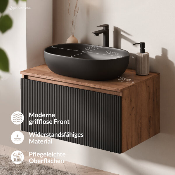 ARISA Badmöbel Set Schwarz Geriffelt – Mit Nova LED Spiegel und schwarzem Keramik-Aufsatzwaschbecken 60 cm