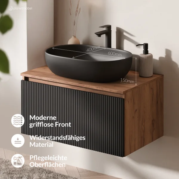 ARISA Bathroom Furniture Set, Black Ribbed – With Nova LED Mirror and Black Ceramic Countertop Sink (60 cm)