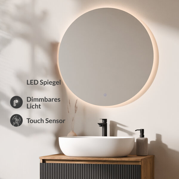 ARISA Badmöbel Set Schwarz Geriffelt – Mit Nova LED Spiegel und weißem Keramik-Aufsatzwaschbecken 60 cm