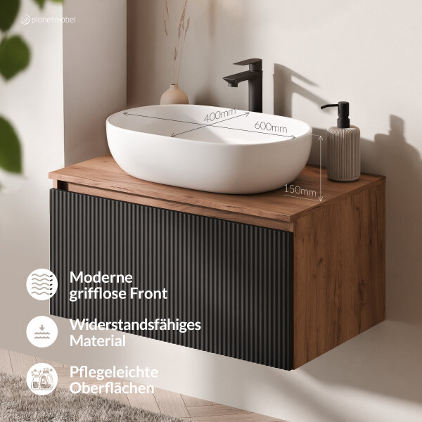 ARISA Badmöbel Set Schwarz Geriffelt – Mit Nova LED Spiegel und weißem Keramik-Aufsatzwaschbecken 60 cm