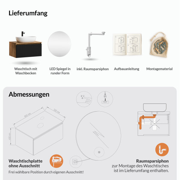 ARISA Badmöbel Set Schwarz Geriffelt – Mit Nova LED Spiegel und weißem Keramik-Aufsatzwaschbecken 60 cm