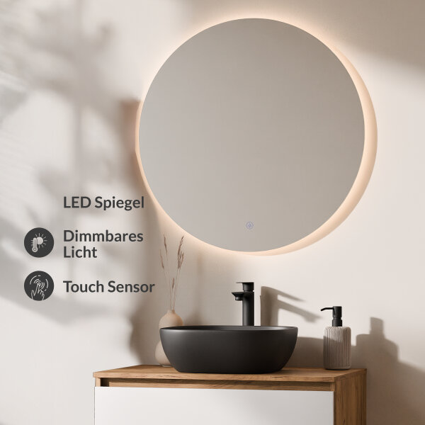 ARISA Badmöbel Set Weiß – Mit Nova LED Spiegel und schwarzem Keramik-Aufsatzwaschbecken 42 cm