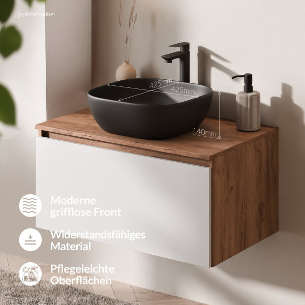 ARISA Badmöbel Set Weiß – Mit Nova LED Spiegel und schwarzem Keramik-Aufsatzwaschbecken 42 cm