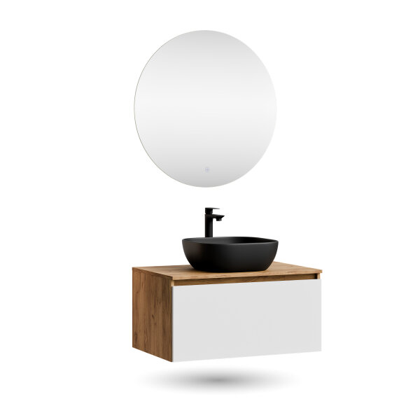 ARISA Badmöbel Set Weiß – Mit Nova LED Spiegel und schwarzem Keramik-Aufsatzwaschbecken 42 cm