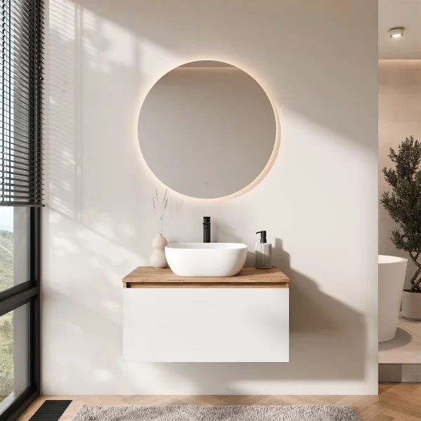 Ensemble de meubles de salle de bains ARISA blanc – Avec miroir Nova à LED et vasque à poser en céramique blanche de 42 cm