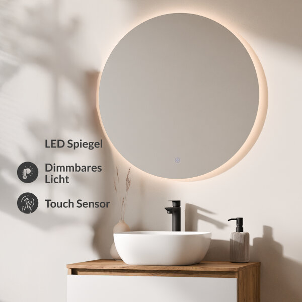 ARISA Badmöbel Set Weiß – Mit Nova LED Spiegel und weißem Keramik-Aufsatzwaschbecken 42 cm