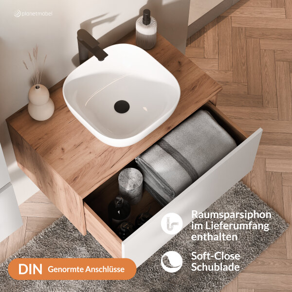 ARISA Badmöbel Set Weiß – Mit Nova LED Spiegel und weißem Keramik-Aufsatzwaschbecken 42 cm