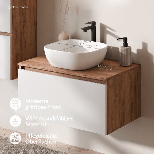 ARISA Badmöbel Set Weiß – Mit Nova LED Spiegel und weißem Keramik-Aufsatzwaschbecken 42 cm