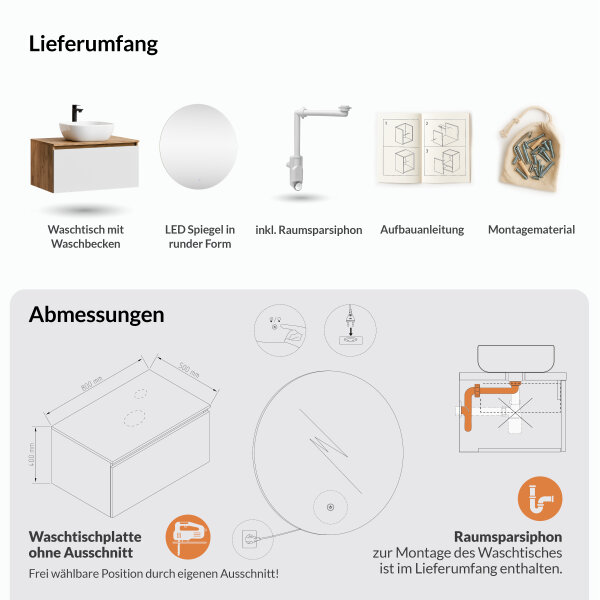 ARISA Badmöbel Set Weiß – Mit Nova LED Spiegel und weißem Keramik-Aufsatzwaschbecken 42 cm