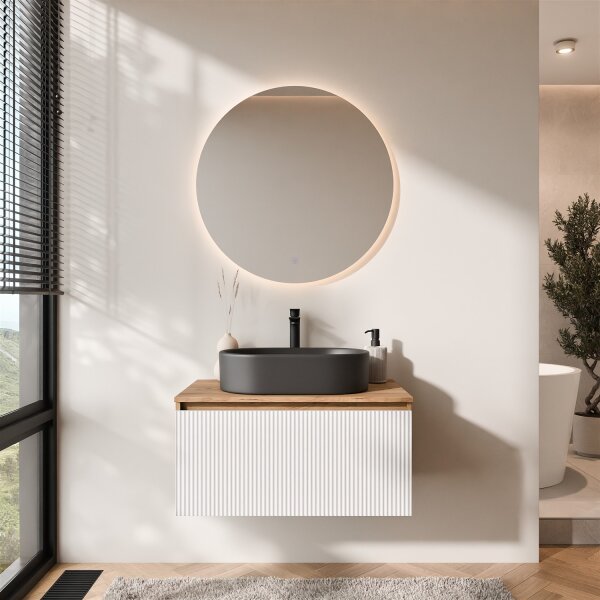 ARISA Badmöbel Set Weiß – Mit Nova LED Spiegel und schwarzem Keramik-Aufsatzwaschbecken 55 cm