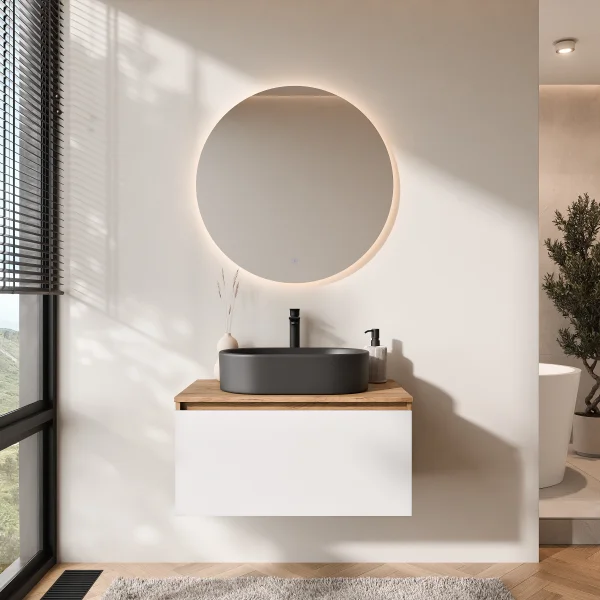 Ensemble de meubles de salle de bains ARISA blanc – Avec miroir Nova à LED et lavabo à poser en céramique noir de 55 cm